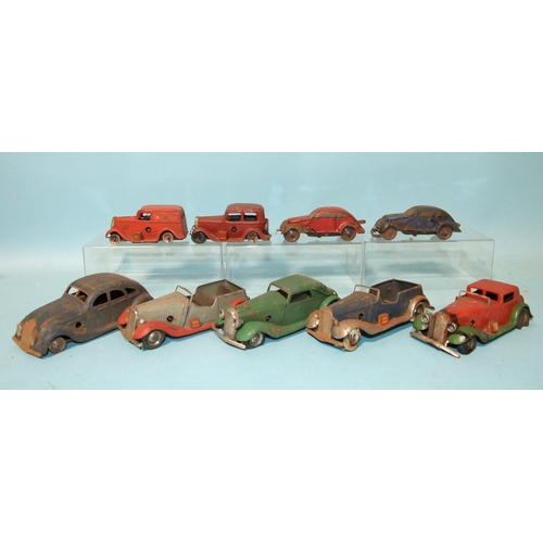 674 - Seven Minic clockwork tinplate cars and two others, (all in poor condition), (9).