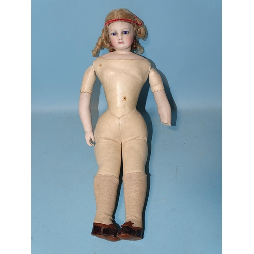 682 - A late-19th century, possibly French, bisque-head fashion doll, the swivel head and shoulder plate w... 