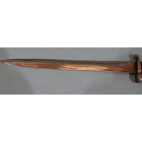 706 - A Belgian 1876 pattern sword bayonet with bronze and iron fittings and wood grips, the single-edge 5... 