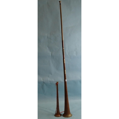 713 - A Köhler & Son, Covent Garden, copper and white metal coaching horn, 118cm long, (repaired)... 