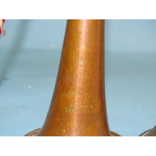 713 - A Köhler & Son, Covent Garden, copper and white metal coaching horn, 118cm long, (repaired)... 