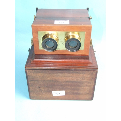 727 - A Smith Beck & Beck stereoscope, the mahogany lens mount panel replaced, in fitted box with ten ... 