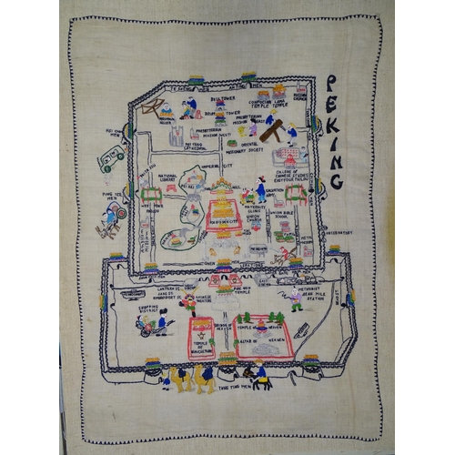 743 - An unusual and humorous Chinese needlework map of the City of Peking, worked in coloured silks on li... 