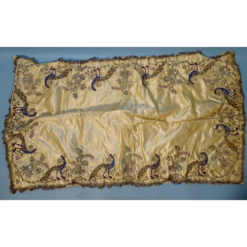 746 - A silk taffeta skirt panel of tapered form, embroidered with gold bugle beads and simulated pearls, ... 