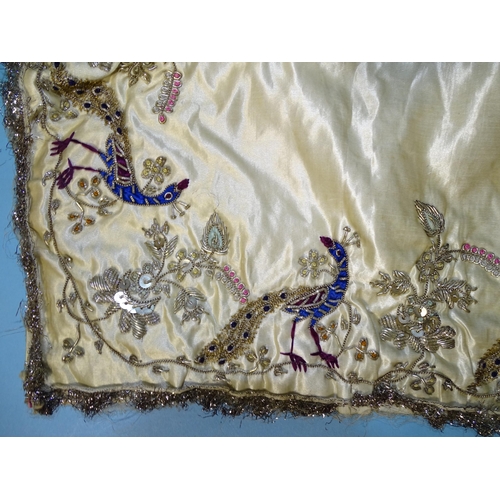 746 - A silk taffeta skirt panel of tapered form, embroidered with gold bugle beads and simulated pearls, ... 