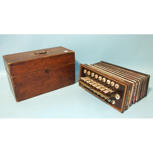 754 - A 19th century Busson, Paris, rosewood and marquetry-cased flutina accordion, with eighteen mother-o... 