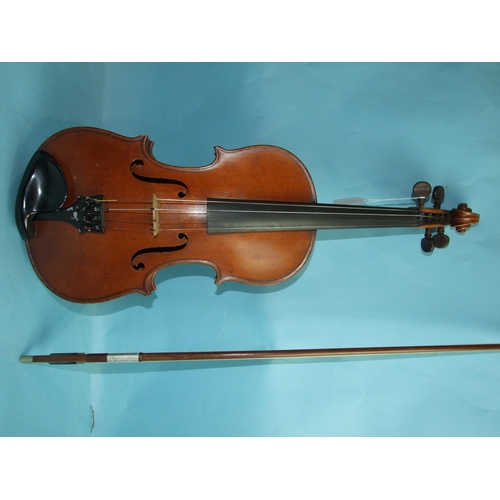 756 - A full-size violin stamped 898, with two-piece back and bow, in case.