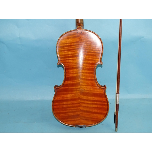 756 - A full-size violin stamped 898, with two-piece back and bow, in case.