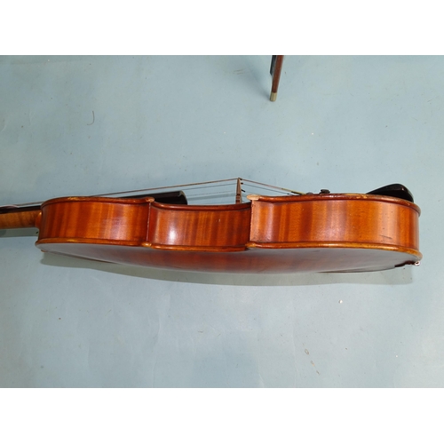 756 - A full-size violin stamped 898, with two-piece back and bow, in case.