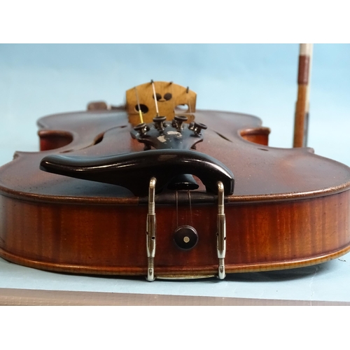 756 - A full-size violin stamped 898, with two-piece back and bow, in case.