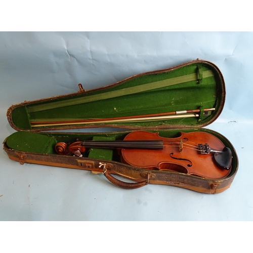 756 - A full-size violin stamped 898, with two-piece back and bow, in case.