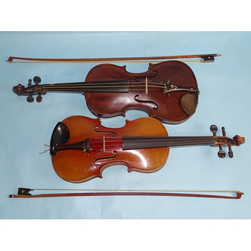 758 - A full-size violin copy of Nicholas Amati, with two-piece back and two replacement pegs, with bow, i... 