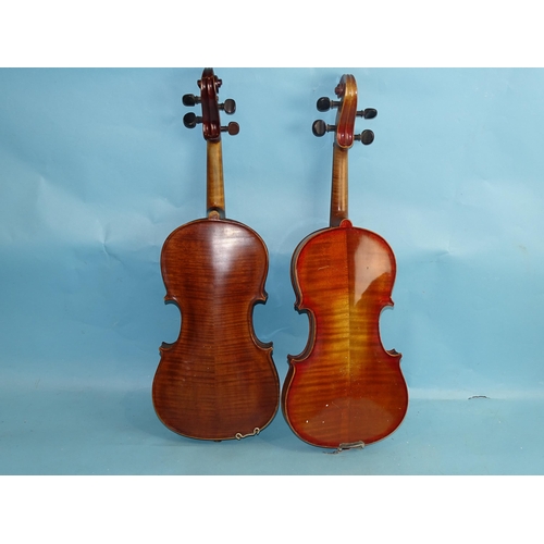 758 - A full-size violin copy of Nicholas Amati, with two-piece back and two replacement pegs, with bow, i... 