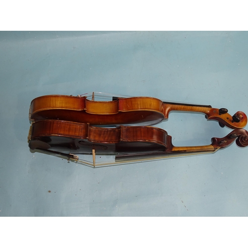 758 - A full-size violin copy of Nicholas Amati, with two-piece back and two replacement pegs, with bow, i... 