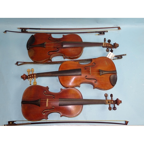 760 - A full-size violin labelled Antonius Stradivarius, with two-piece back and replacement tuning pegs, ... 