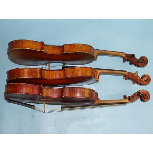 760 - A full-size violin labelled Antonius Stradivarius, with two-piece back and replacement tuning pegs, ... 