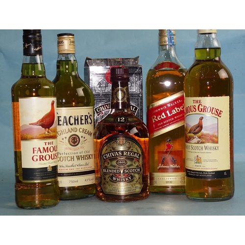 761 - A collection of blended whisky: Famous Grouse 1L, Famous Grouse 70cl, Teachers 75cl, Johnnie Walker ... 