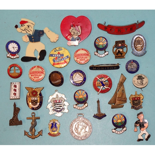 795 - A collection of various enamel and plastic badges, including: 'Butlins 1938 Skegness', 'BBC Radio Ci... 