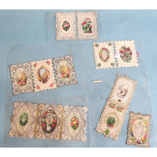 182 - Six one-fold and two-fold Victorian greetings cards embellished with paper lace, silk panels and chr... 