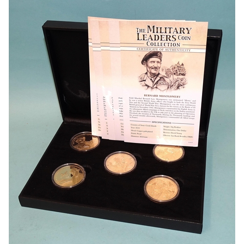 195 - 2019 Cook Islands 'The Military Leaders Coin Collection' of five copper gold-plated $1 Piedfort coin... 