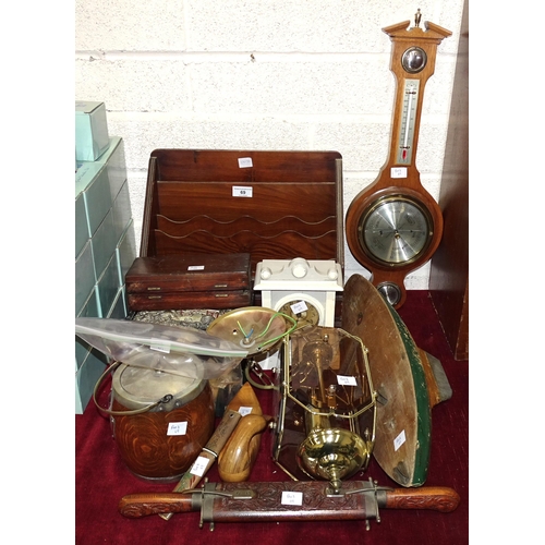 69 - A wooden stationery rack, a Meteor pond-yacht hull, other wooden items, a modern brassed and glass h... 