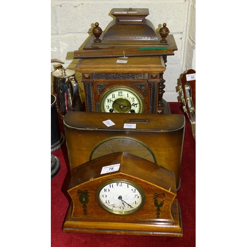 78 - Two stained wood striking mantel clocks and two other mantel clocks, (4).