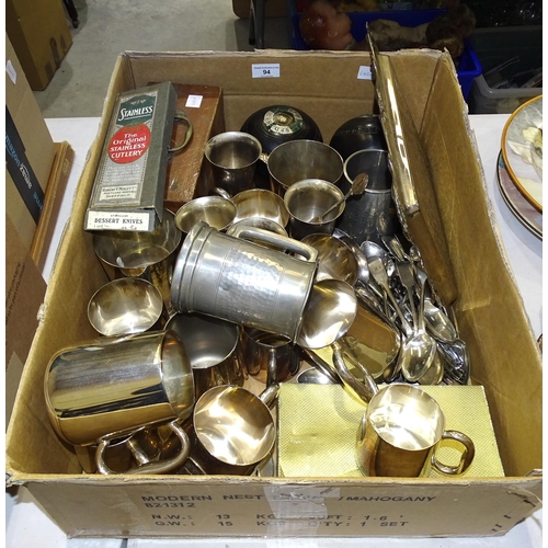 94 - Two Henselite bowling woods, plated tankards and other metalware.