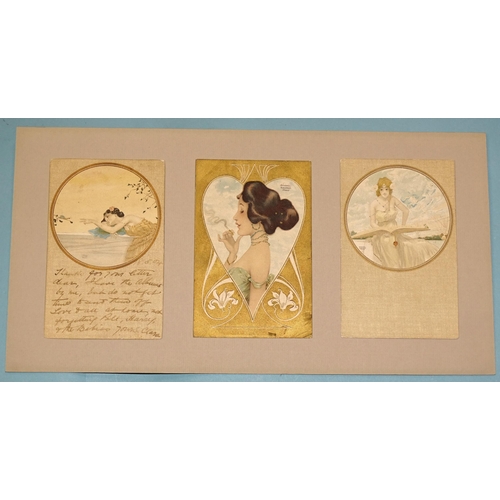 152 - A collection of twelve postcards by Raphael Kirchner, framed as four sets of three, (stuck-down on c... 