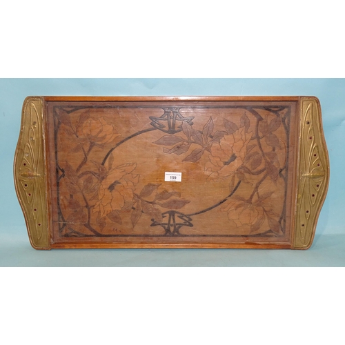 159 - An Art Nouveau poker-work wooden tray signed RM.09, the handles overlaid with brass jewelled butterf... 