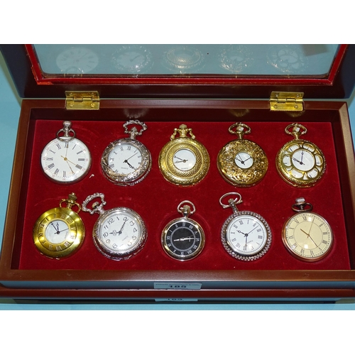 185 - A collection of twenty modern quartz pocket watches in two display cases.