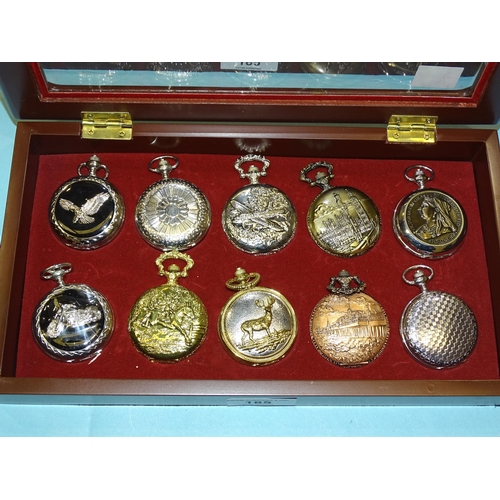 185 - A collection of twenty modern quartz pocket watches in two display cases.