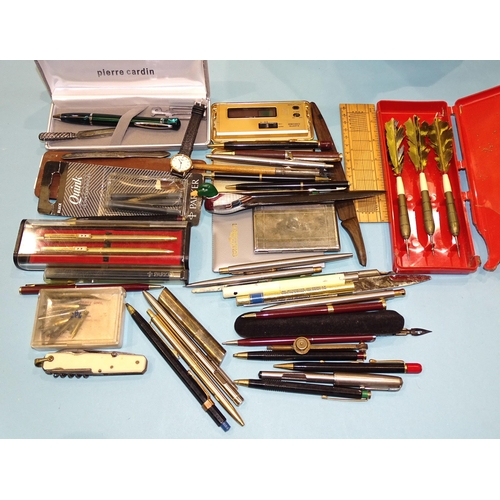 186 - A silver page marker, 9cm, various ballpoint and other pens and miscellaneous items.... 