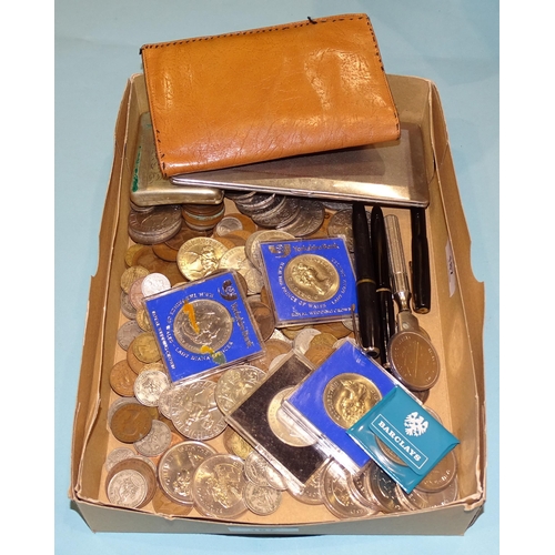 187 - A Burnham B48 fountain pen, two others, (1 a/f), a collection of coins and miscellaneous items.... 