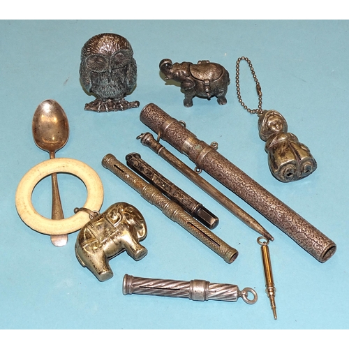 201 - Three various silver pencils, two EPNS novelty rattles and other items.