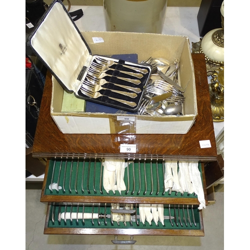 90 - A part-canteen of a plated six-piece setting cutlery set, contained in fitted box, with other cutler... 