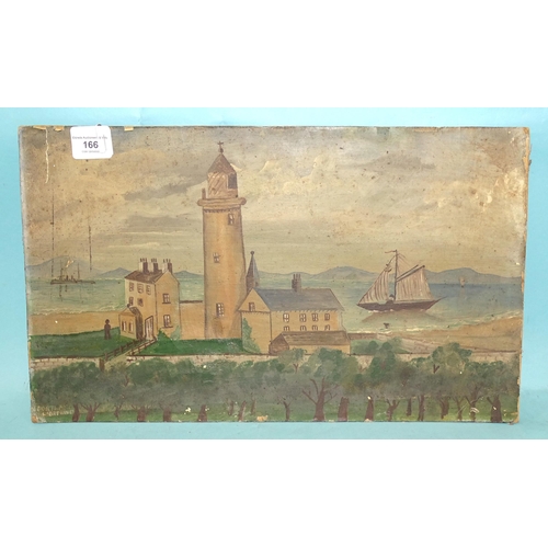 166 - Naïve School, 'Portland Lighthouse', unframed oil on card, 41 x 51cm and an unframed naïve... 