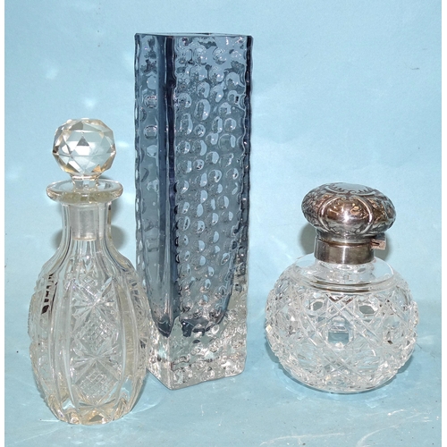 168 - A modern cut-glass globular shape scent bottle with embossed silver hinged lid and mount, Birmingham... 