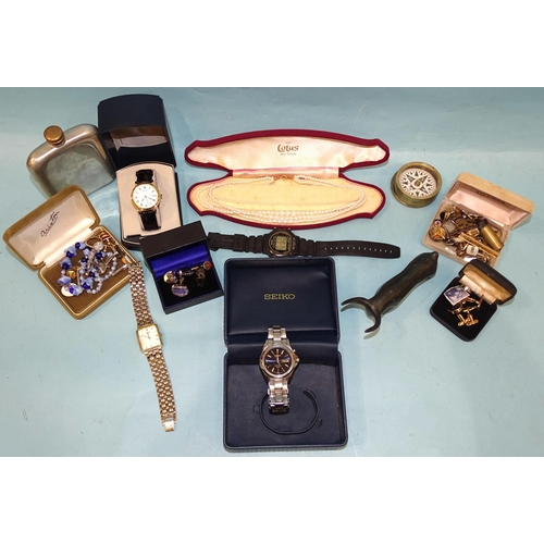 199 - A quantity of wrist watches and costume jewellery, a pewter hip flask and other items.... 