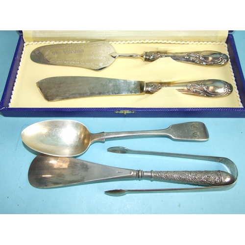 1 - An early-Victorian silver tablespoon, London 1843, a pair of Georgian sugar tongs, London 1802, a si... 