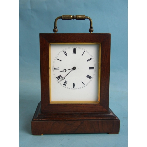 121 - An early-19th century rosewood small mantel clock of rectangular shape, with white enamel dial and b... 