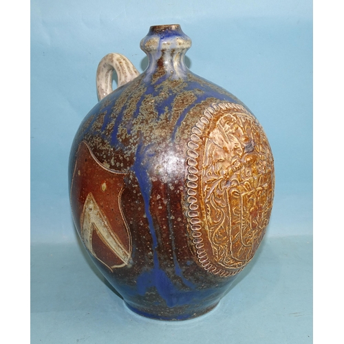 123 - A German salt-glazed baluster wine flagon with state coat of arms, on blue, brown and white mottled ... 