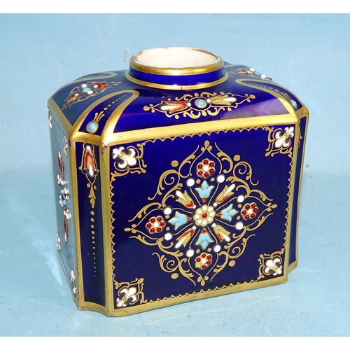 129 - A Sèvres tea caddy with enamelled and jewelled decoration, on a blue ground, 7.5cm high, (no lid).... 