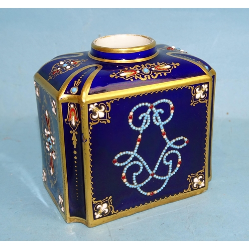 129 - A Sèvres tea caddy with enamelled and jewelled decoration, on a blue ground, 7.5cm high, (no lid).... 