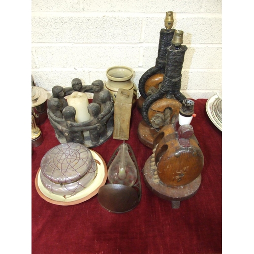 77 - A pair of table lamps constructed from wooden pulleys, 40cm and another similar table lamp, a potter... 