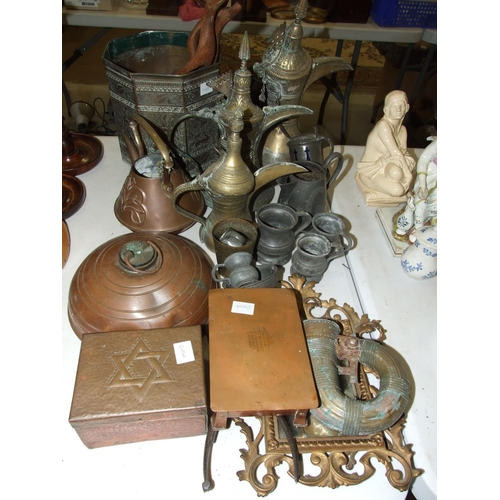 83 - Three Eastern brass coffee pots, an Arts & Crafts copper hinged lid box, inscribed Made fro... 