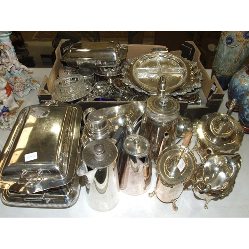 91 - A collection of plated ware comprising entrée dishes, cocktail shaker, tea service trays, coasters, ... 