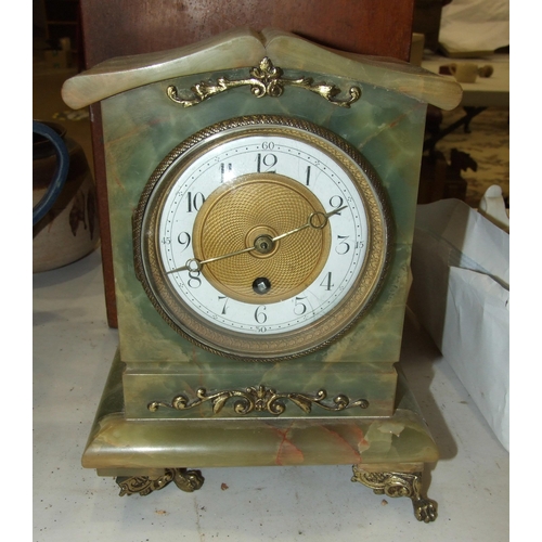 107 - A green onyx mantel clock, 24cm high, parts of a wooden cuckoo clock and a Charles Perry binocular m... 