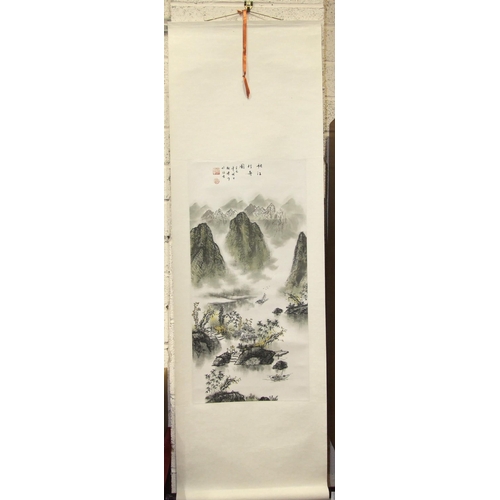 89 - A 20th century Chinese printed landscape wall hanging, various framed souvenirs from South China Uni... 