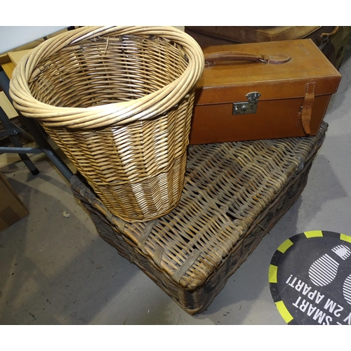 98 - A leather-bound trunk, 92cm long, a wicker hamper and other items.