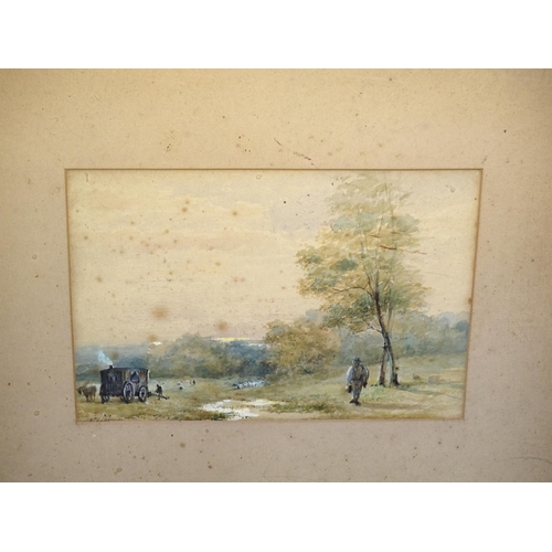 117 - 19th century English School, 'Shepherd and shepherd's hut with flock nearby', watercolour, initialle... 